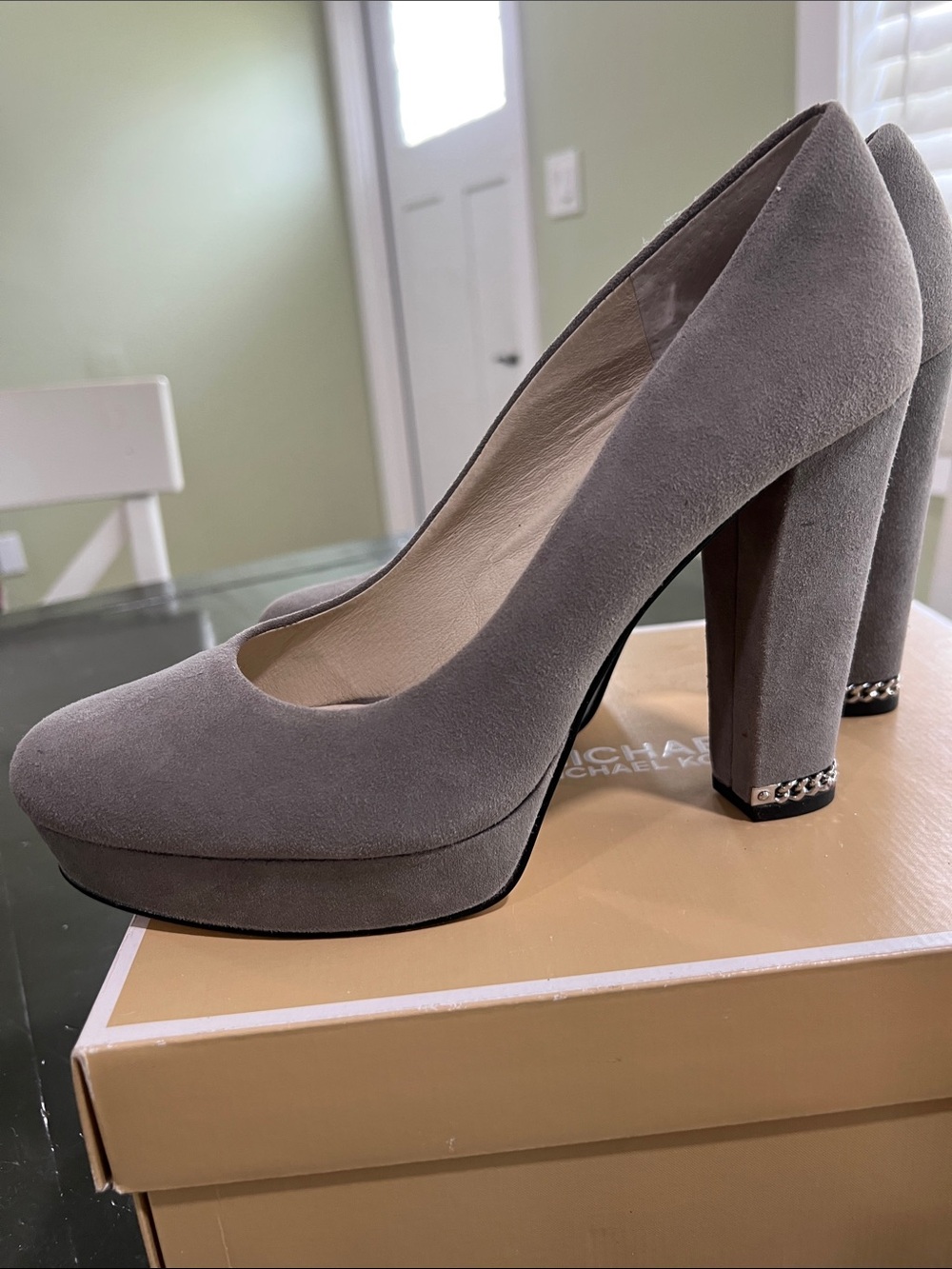 Michael Kors Gray Suede Platform Block Heel Pumps